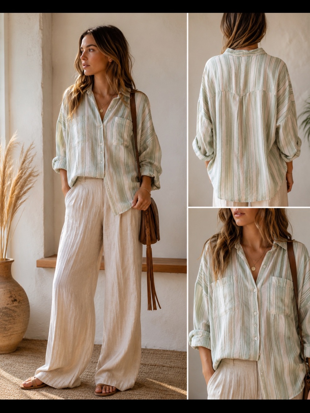 American Eagle Linen Blend Sage Stripe Oversized Button Down XS Fits S-M